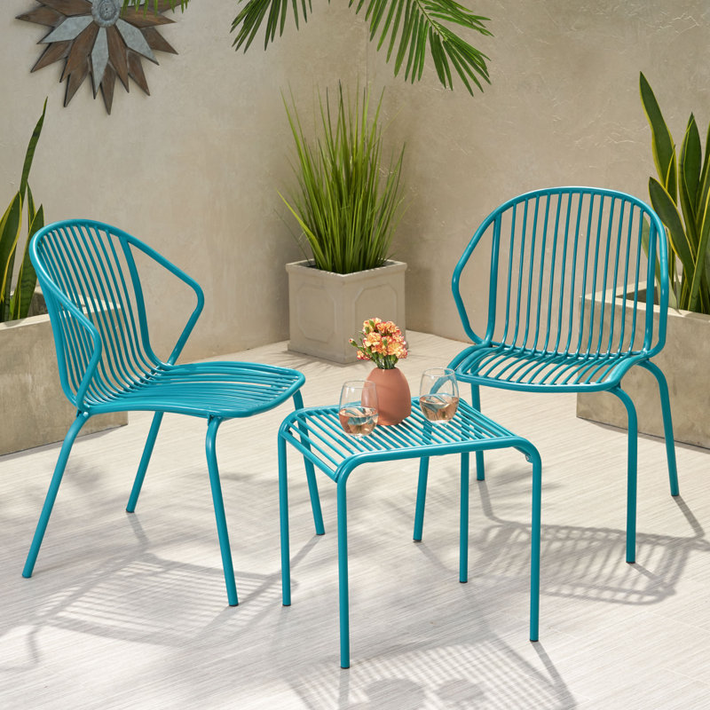 Ensemble de conversation en fer moderne 3 pièces pour l’extérieur Corbeil, Bleu sarcelle mat