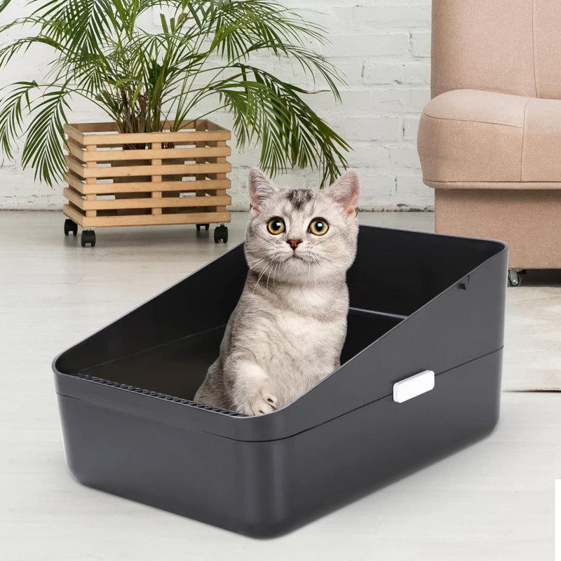 Litière semi-fermée ouverte, amovible et facile à nettoyer pour les chats et les petits chiens (petits), Noir