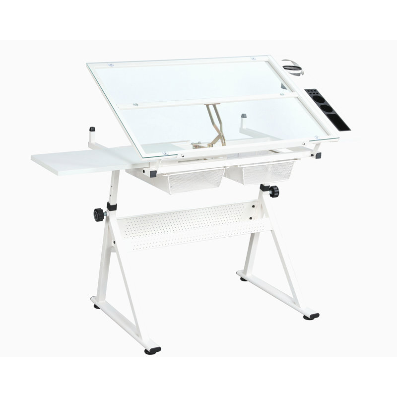 Table à dessin réglable en verre trempé avec chaise, Blanc