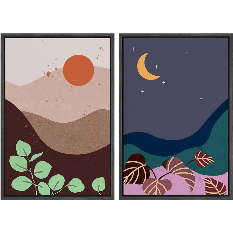 Sun & Moon Desert - ensemble de 2 reproductions, H 36 po x l 48 po x P 1,5 po, Cadre flottant noir