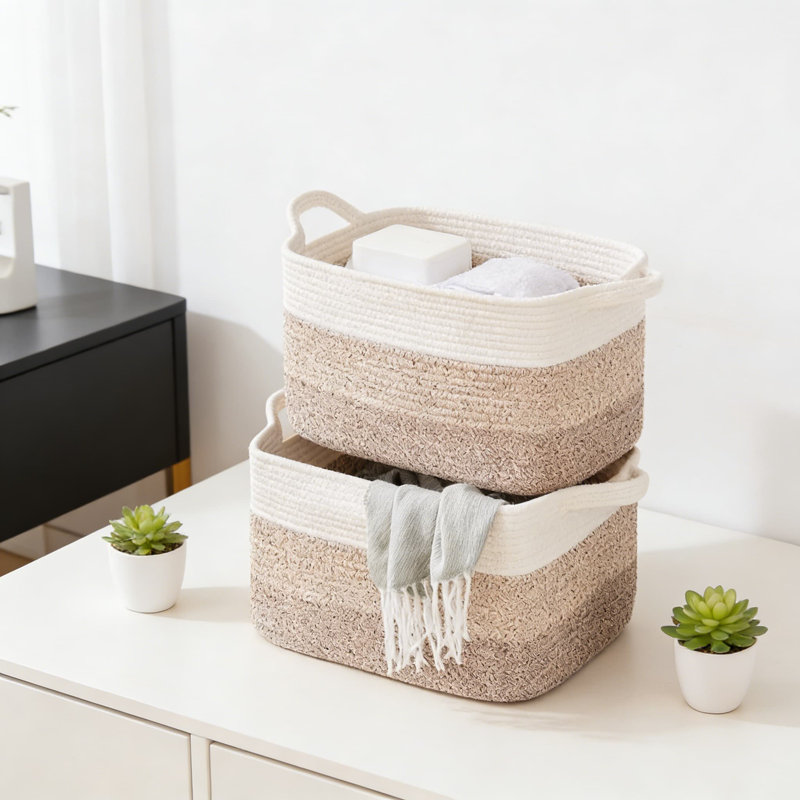 Ensemble de 3 paniers de rangement tissés, paniers de rangement décoratifs rectangulaires pour tablettes, placard, chambre de bébé, faits à la main à partir de corde de coton naturel doux pour jouets, livres, vêtements et serviettes