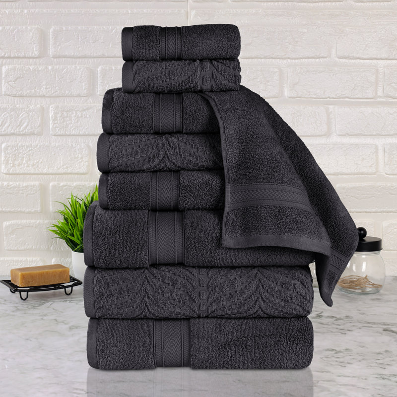 Aneira Chevron Zero Twist Solid and Jacquard Cotton 9 Piece Bathroom Towel Set, Black