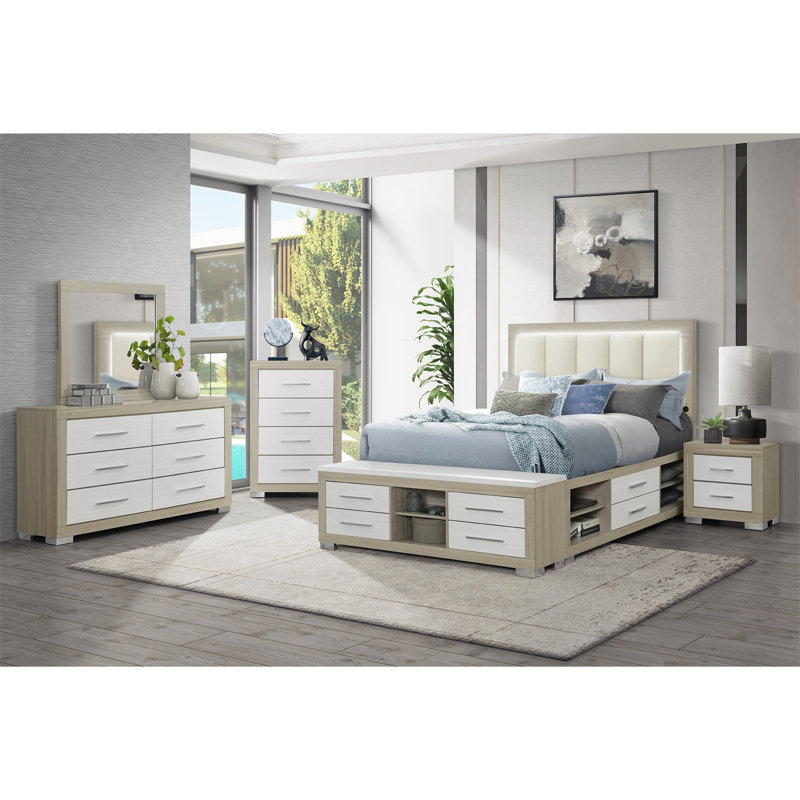 Ensemble de chambre à coucher pour lit très grand 5 pièces blanc naturel avec tête de lit à panneau, procurant élégance et confort à votre sanctuaire.