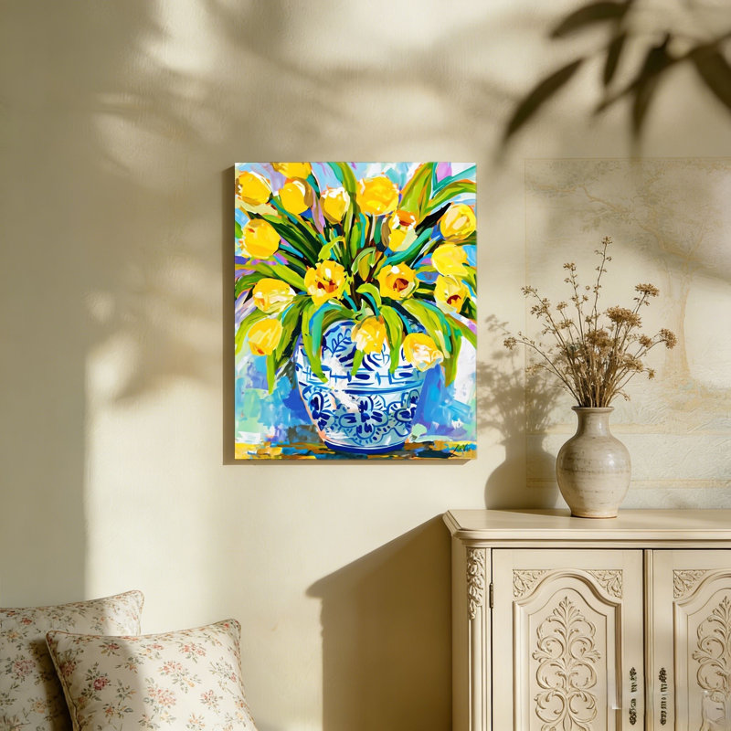 «Expressive Yellow Tulips In Ornate Blue Vase», peinture murale non encadrée, L 36 po x l 24 po
