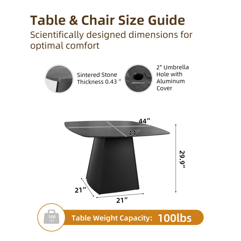 Modern 44" Rounded Square Outdoor Dining Table with Black Sintered Stone Top, Seats 4