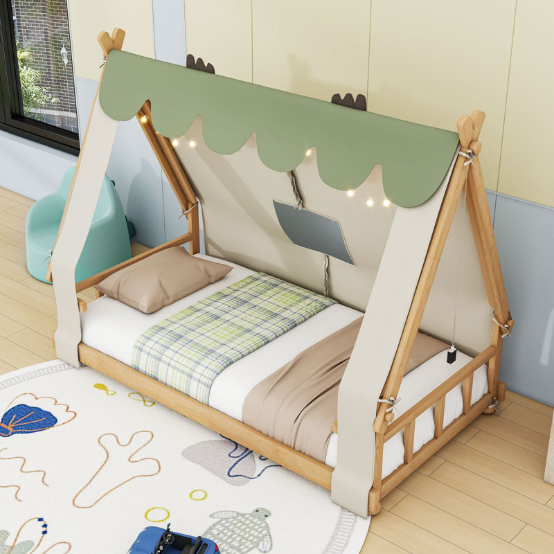 Lit en bois avec lumière et tente, Simple, Blanc