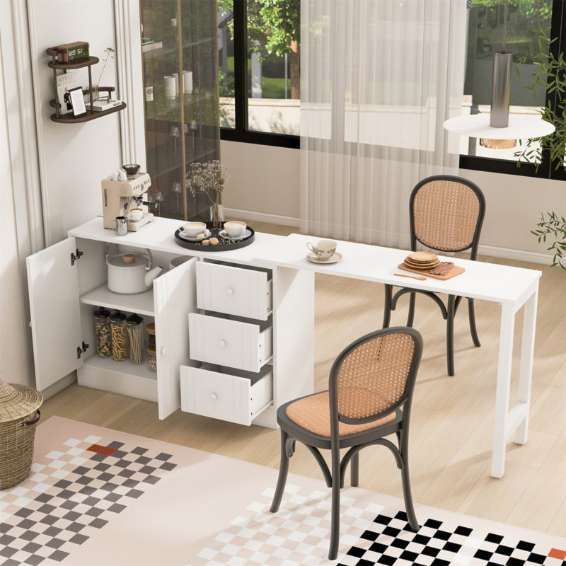 U_STYLE 89.7''Wooden Sideboard With Extendable Table,Multifunctional Storage Cabinet With 2 Doors And 3 Drawers,For Living Room,Study,Foyer And Kitchen
