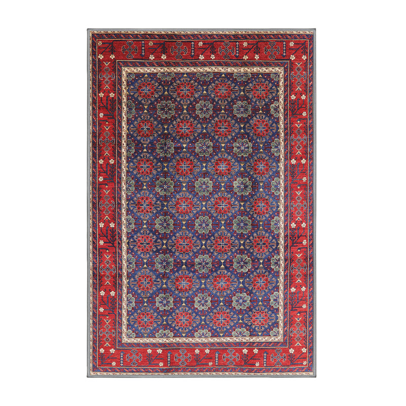 Tapis géométrique rouge / bleu / beige, Rectangle 3 pi x 5 pi