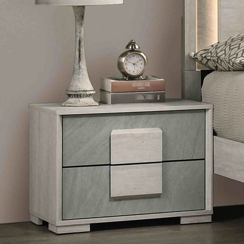 Table de chevet contemporaine blanche bicolore délavé et gris pierre, 2 tiroirs français, surface, poignées en bois, table de chevet de 15,5 po de largeur avec motif gris, profondeur de panneau