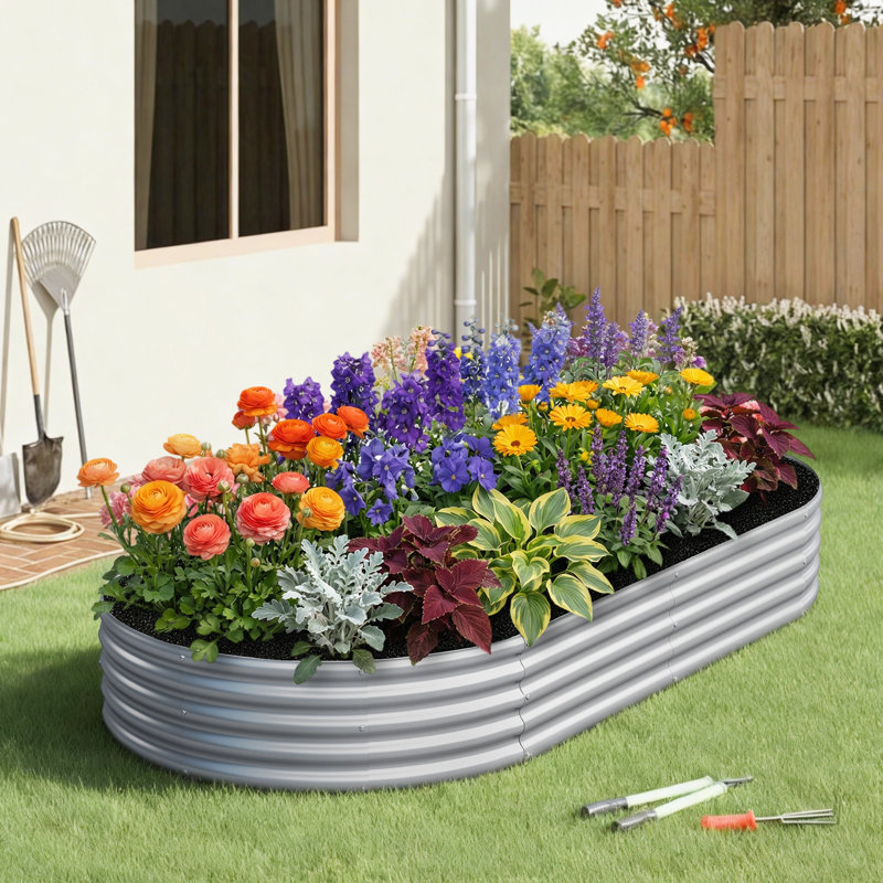 Metal Outdoor Raised Garden Bed, Oval Type, Galvanized Frosted Silver, 8x4x1ft, 12" H x 96" W x 48" D