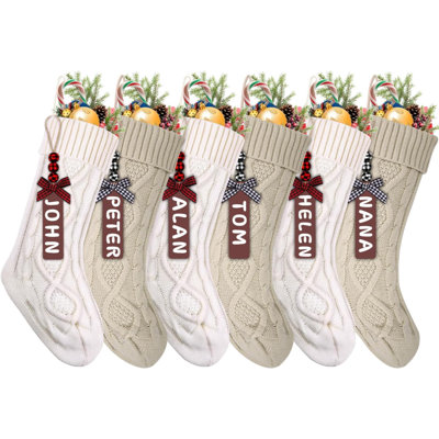 6 paquets de bas de Noël, 18 pouces, grandes décorations personnalisées de bas de Noël tricotées par câble avec des étiquettes pour les fêtes de Noël (kaki et blanc)