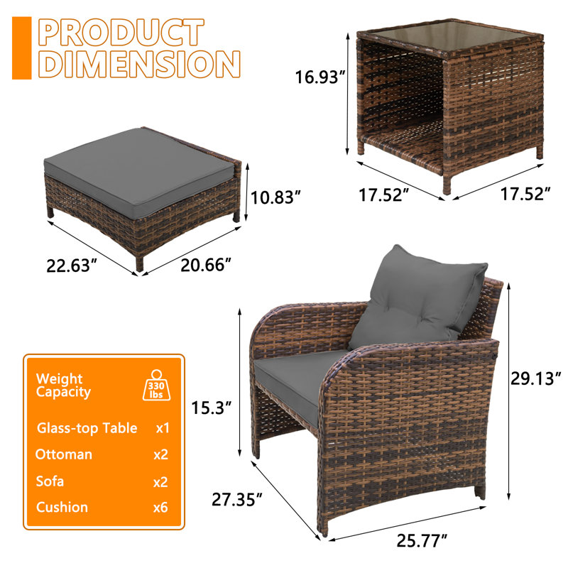 Constantino 2-Person Outdoor All-Weather Wicker Conversation Set with Ottomans and Tempered Glass Coffee Table