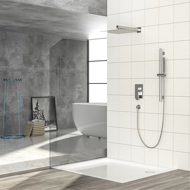 Wall Mounted Shower System, 10 Inch Square Rainfall Head, 26.18 Adjustable Slide Bar, Dual Function, Easy Installation, Brushed Nickel Finish Rain System With Rough - In Valve, Handheld Shower,