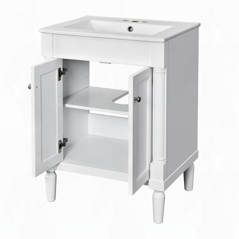 Meuble-lavabo simple avec grandes tablettes de rangement, Blanc
