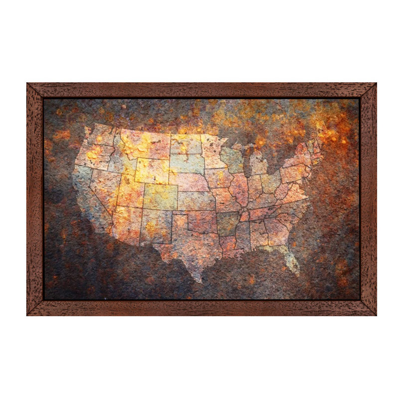 Usa Map by Michael Tompsett - Print on Canvas, 66.04 cm H x 45.72 cm W, Brown Floater Framed