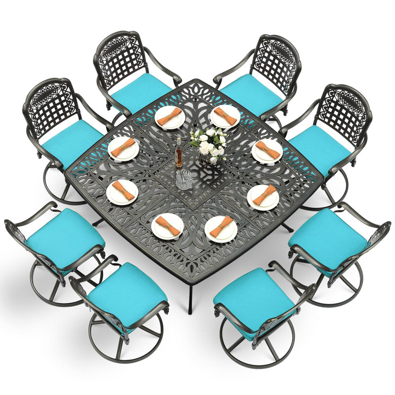 Canora Grey 9-piece Outdoor Dining Furniture Set, Cast Aluminum Patio Table & Chairs Set For 8, Include Large 63.98" Square Dining Table And 8 Swivel Rocker Chairs With Umbrella Hole