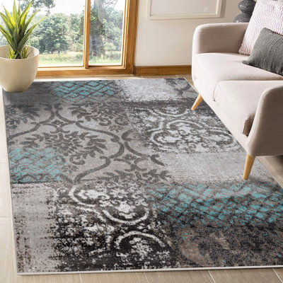 Yvette Distressed Abstract Damask Polypropylene Indoor Runner or Area Rug with Jute Backing
