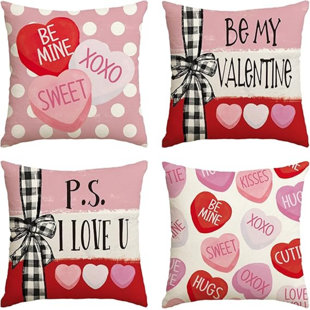 Be My Valentine Red Candy Heart Throw Pillow Covers, 18 X 18 Inch Valentine Stripes Wedding Cushion Case Set Of 4