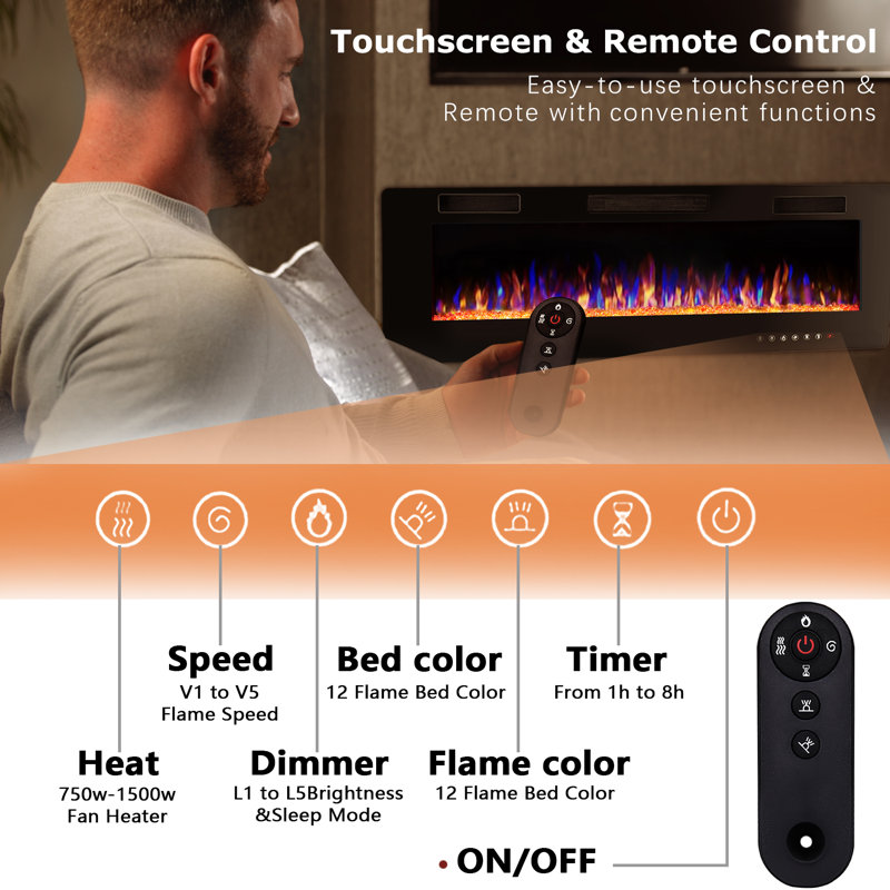 Aishe Electric Fireplace, 18.11" H x 72" W x 3.86" D