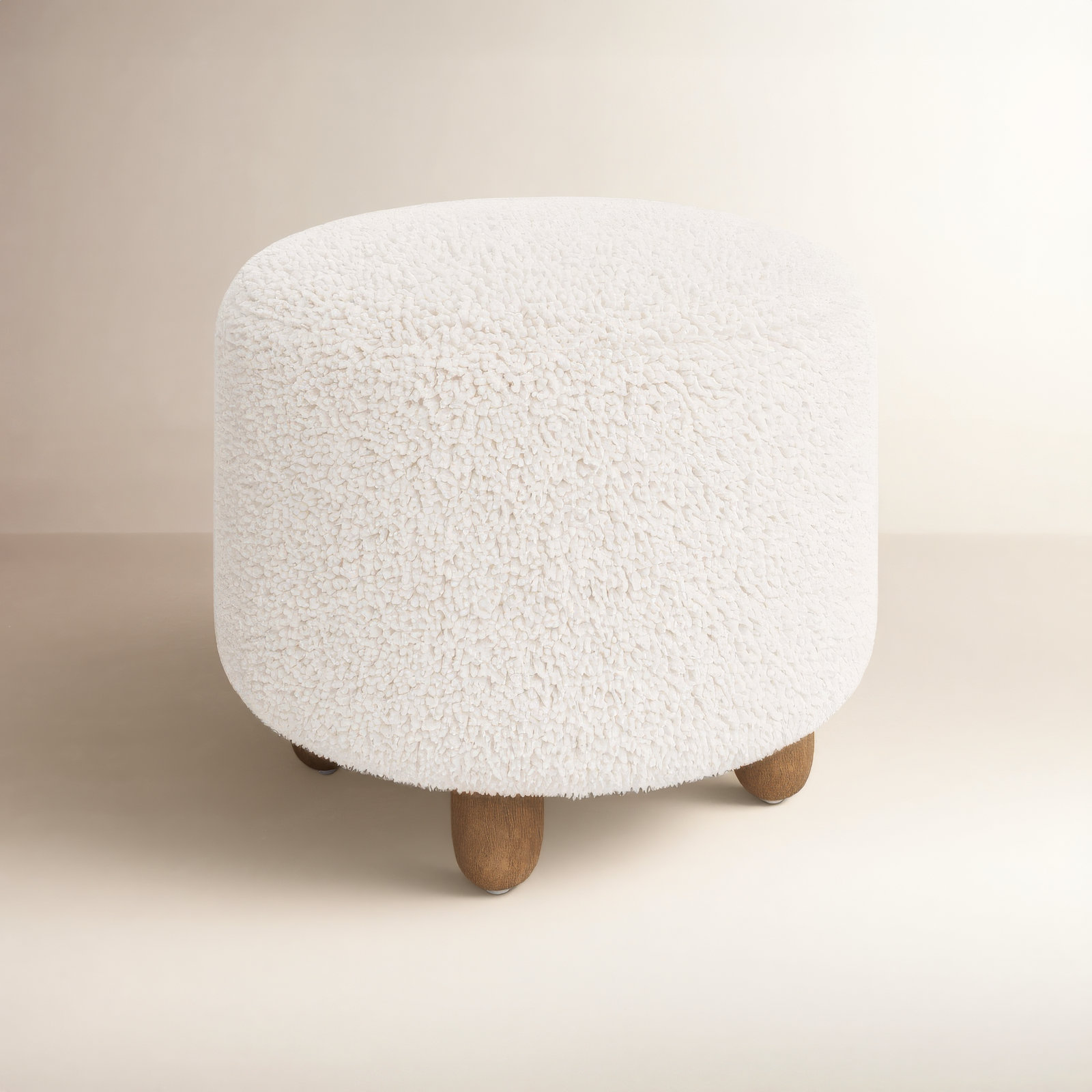 Risco 22.5" Wide Round Footstool Ottoman, Ivory Sherpa, Espresso Oak