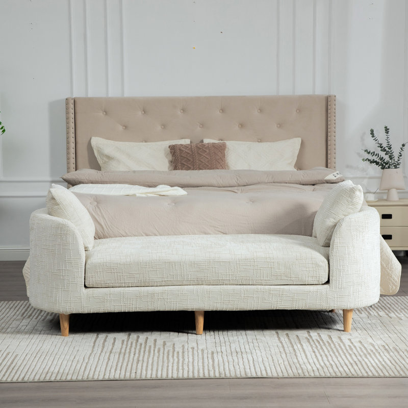 Banc rembourré en chenille avec accoudoirs et 2 traversins, Beige