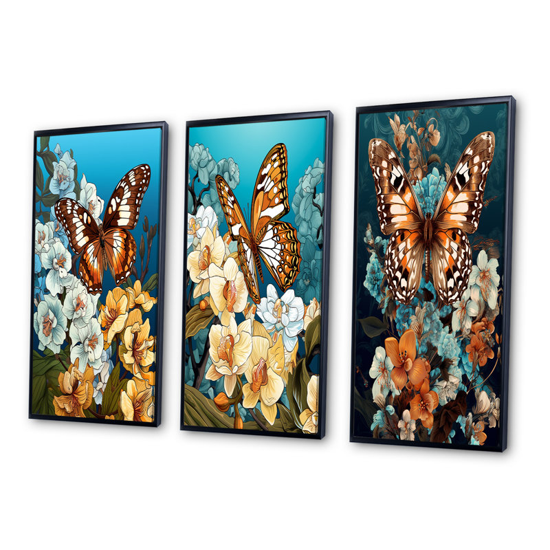 Gracious Brown Butterfly On Orchids Retro - Animals Butterfly Art Set Of 3 Pieces, Cadre noir, H 20 po x l 36 po