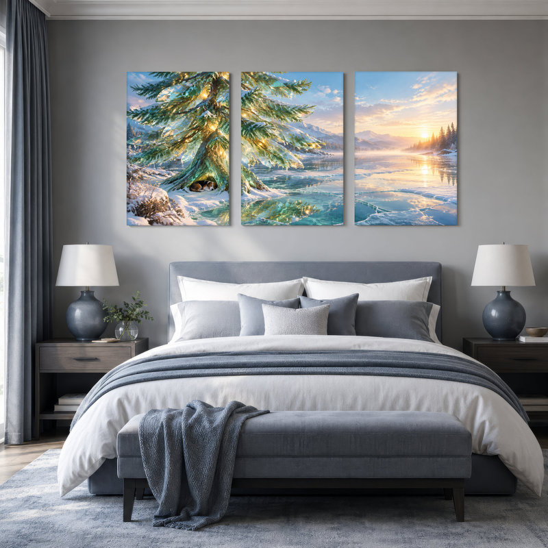 Glowing Ice Tree Sheltering Sleeping Dog Christmas Set Of 3 Canvas Wall Art, 60"W x 30"H Overall - 3 Panels