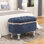 Bancs de rangement de 29,5 po, banc de bout de lit avec capitonnage à boutons, repose-pieds de rangement rembourré en tissu, banc de fenêtre avec frange, banc de rangement pour chaussures, banc de pied de lit pour la chambre à coucher, vestibule, vestiaire, bleu