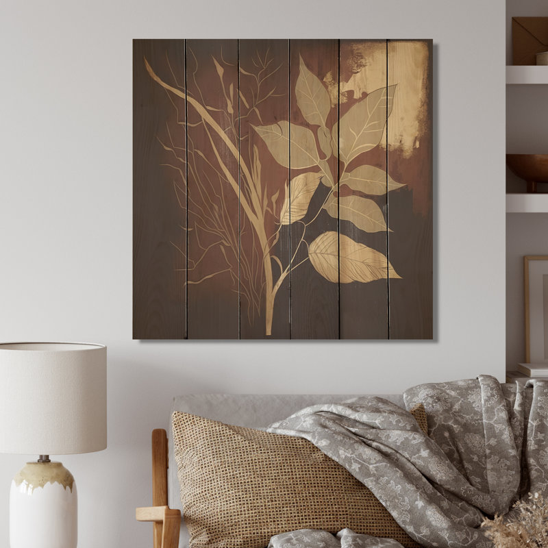 Terra Cotta chocolat feuilles III - paysage forêt bois Art mural - bois de pin naturel, L 36 po x H 36 po