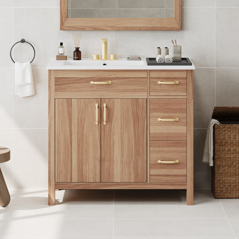 Meuble-lavabo de 36 po en bois avec cadre en bois massif, 2 portes à fermeture douce, 3 tiroirs à fermeture douce, tablette réglable, armoire de rangement moderne pour les petites salles de bain