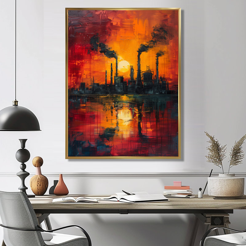 Art industriel rouge «Polution I» - usines, Toile avec cadre flottant or, H 20 po x l 12 po x P 1 po