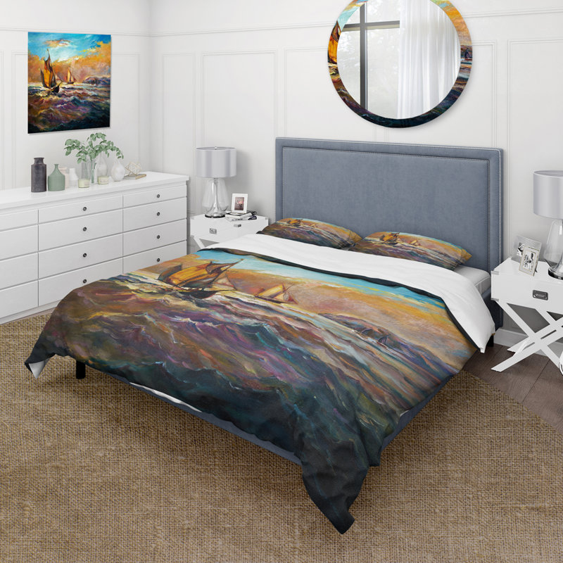 Bateaux sur l'océan pendant le coucher du soleil II - ensemble de housse de couette nautique - microfibre de polyester