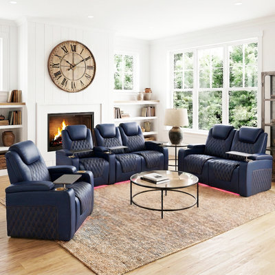 Ensemble de salon inclinable électrique sans gravité en cuir véritable avec porte-gobelets dorés, surpiqûres contrastées, éclairage DEL et rangement