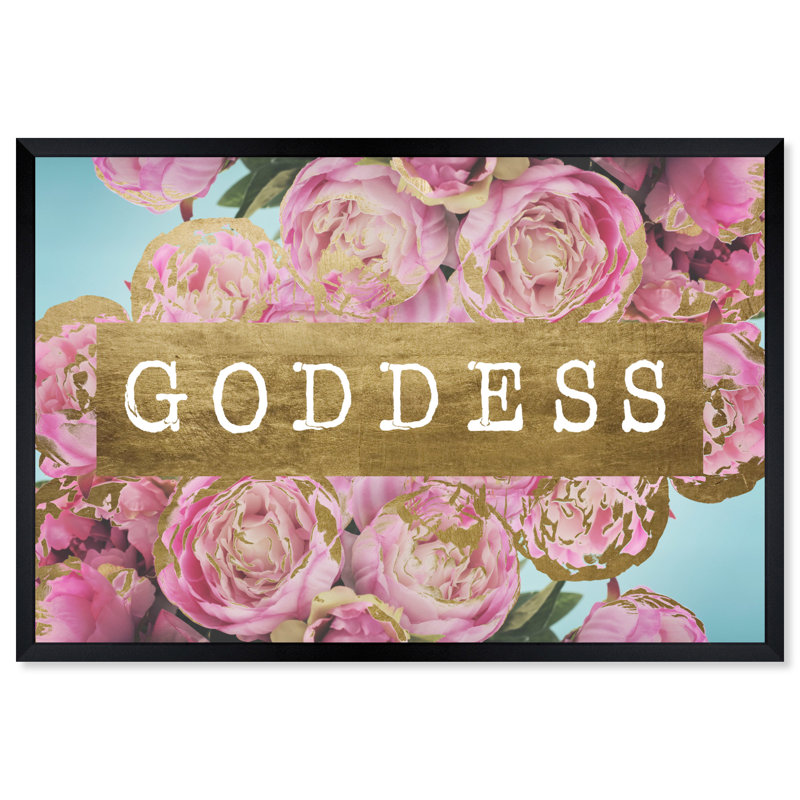 «Lynn Goddess Florals Gold» par Oliver Gal - reproduction d'art textuel, H 20 po x l 30 po x P 1,5 po, Cadre noir