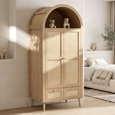 Arched Double Wardrobe with Rattan-Effect, 2 Doors, 2 Drawers, Hanging Rail & Display Shelf