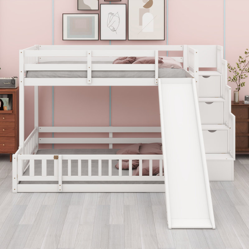 Lit superposé en bois avec glissade, escalier de rangement, barrières de sécurité, Blanc