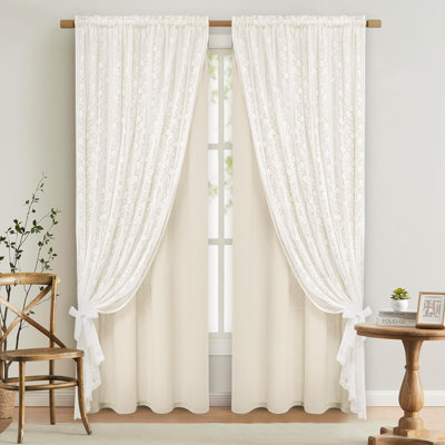 Linen Curtains for Bedroom, Double Layered Boho Curtain 84 Inch Length 2 Panels Set, 52 x 84 Inch, Beige