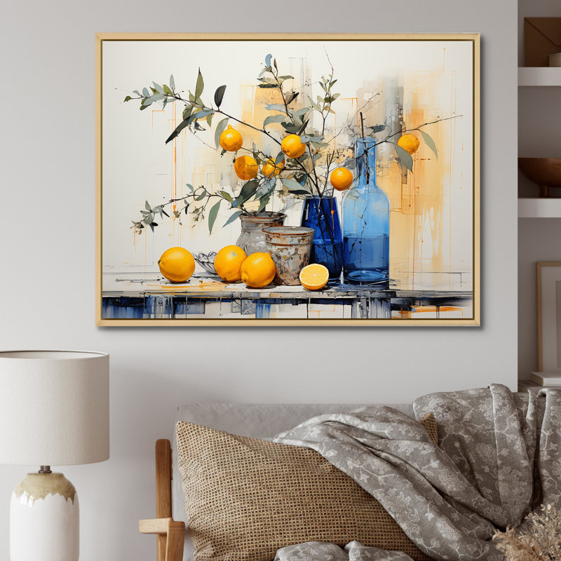 Décoration murale bohème bleue et jaune agrume III - Boho Pottery, Cadre flottant brun, H 12 po x l 20 po x P 1 po