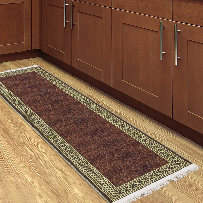 Tapis brun / doré lavable à la machine infroissable à bordure plate pour salon, couloir