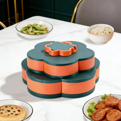 360° Rotating Snack Platter 2-Tier Portable Spinning Food Tray Petal‑shaped Snack Storage Holder for Home Party Family Gathering Outdoor Picnic