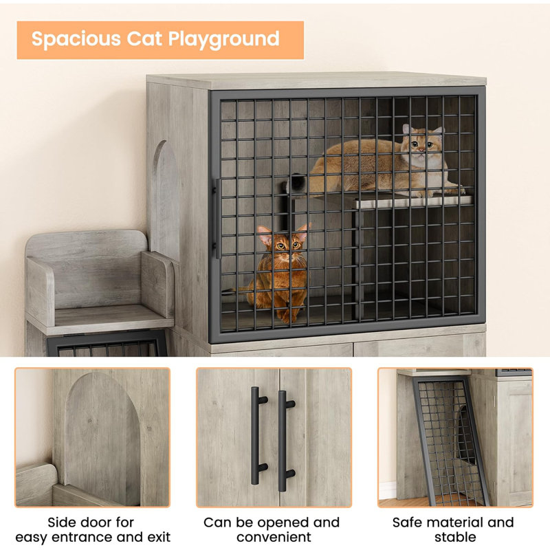 Gray MDF and Iron Cat Litter Box Enclosure with Ladder
