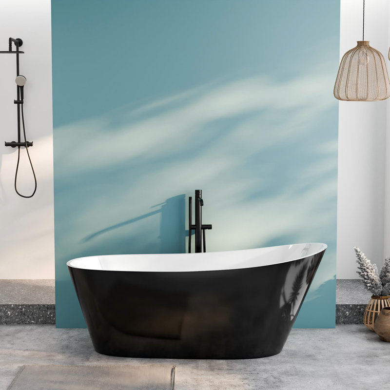 Biocura 59" Luxury Freestanding Acrylic Soaking Bathtub with Overflow Drain & Heat Retention, Black