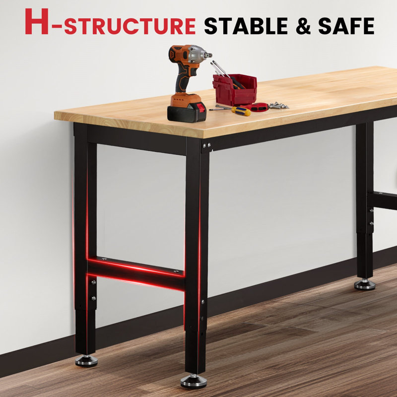 Banc de travail en bois à hauteur ajustable 60 po, table de travail à surface lisse