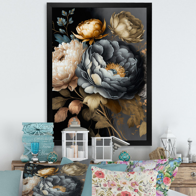 Blue Blooming Bouquet III - Floral & Botanical Canvas Wall Art, Black Picture Frame, 12" W x 20" H