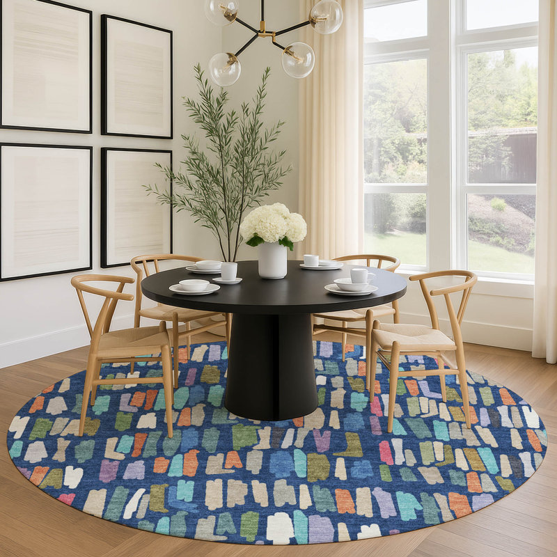 Tapis abstrait lavable à la machine de qualité supérieure Mayfield AMF2377, Marine, Rond 8 pi