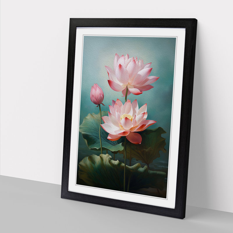 XYZ-FRM-V1223-4324 Lotus Flower Classicism - Single Picture Frame Print on Wood, Black, 46cm H x 34cm W x 2cm D