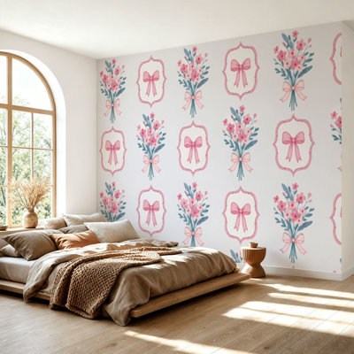 Papier peint adhésif pelez et collez, ruban de rose sans soudure, bouquet de fleurs, blanc, papier auto-adhésif amovible, décoration murale pour salon, chambre à coucher H 69 po x l 96 po