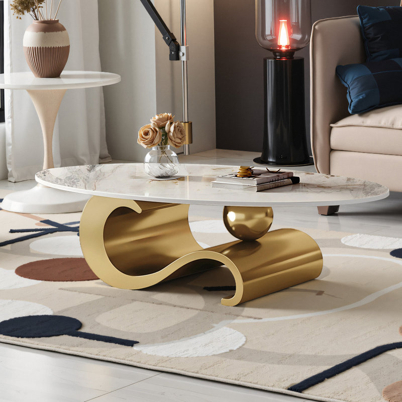51" Luxury Oval Coffee Table with Base and Sintered Stone Top - Musical Note Shaped Base, Gold