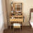 Vanity Table With LED-Illuminated Mirror, Power Outlet, Hairdryer Holder & Stool – Compact Dressing Desk For Small Bedrooms(Wood)