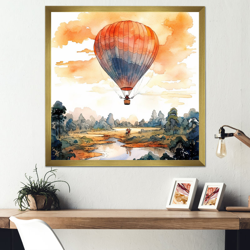 Montgolfière, paysage de rêve I, Cadre doré simple, H 16 po x l 16 po x P 1 po